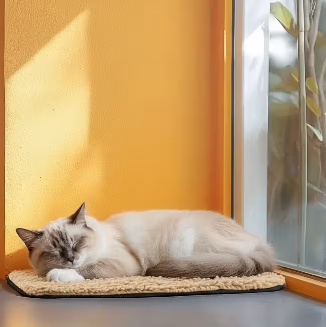 Cica alszik az ablak előtt, békésen napfényben pihen